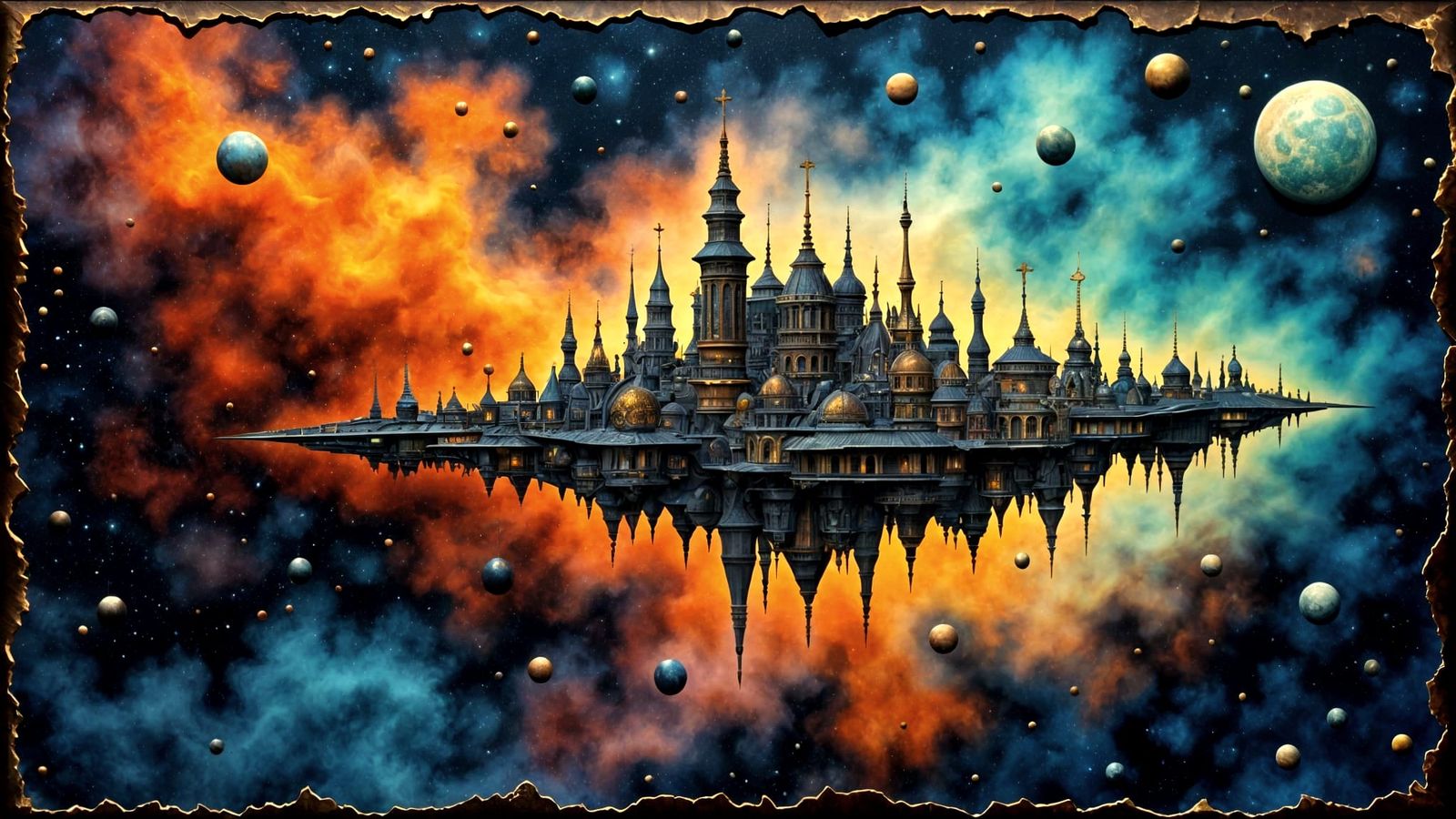 Steampunk Airship Navigates Vibrant Nebula Sky