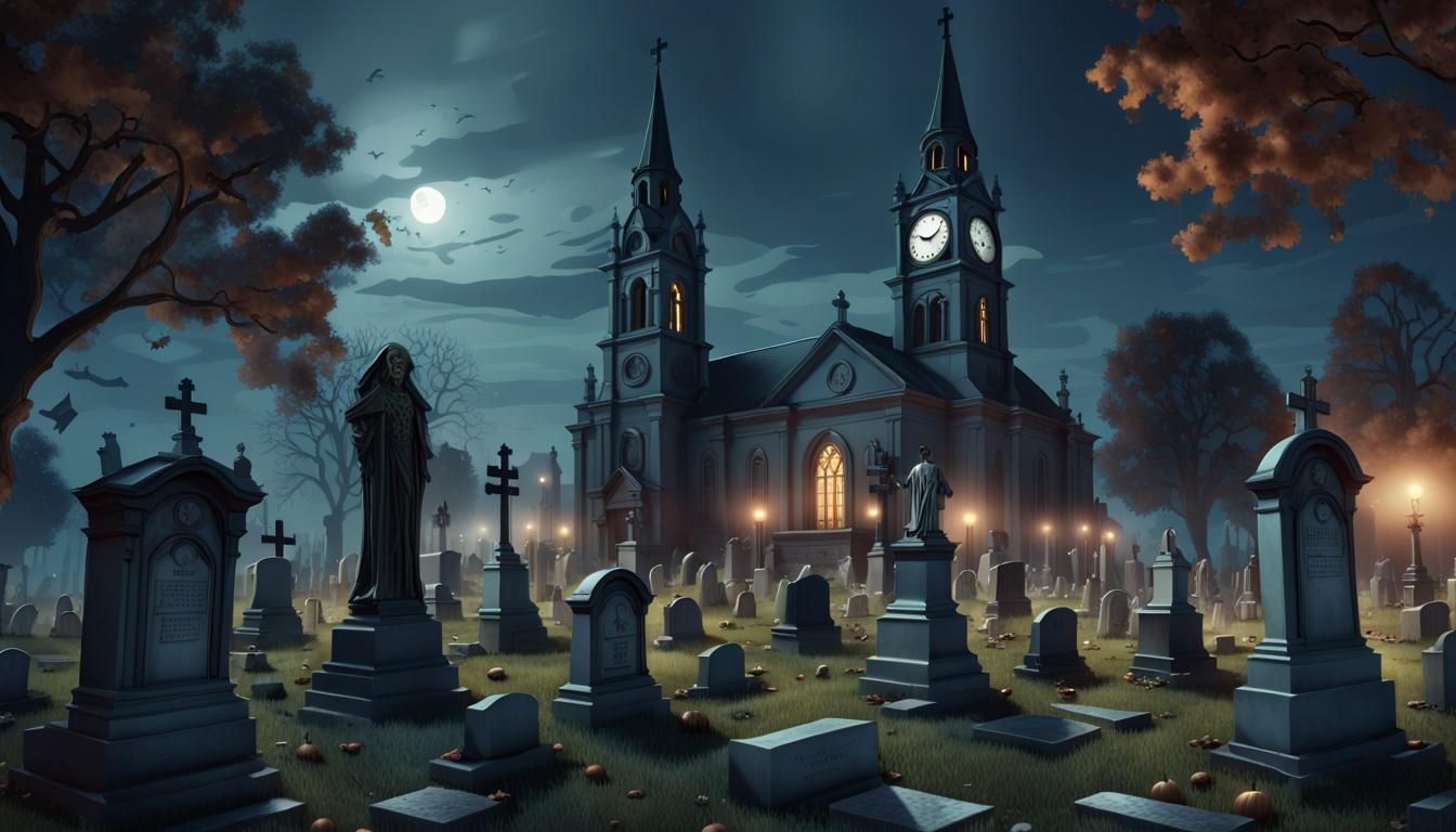 Ghosts Await Midnight in Cemetery, Horror Comic Art