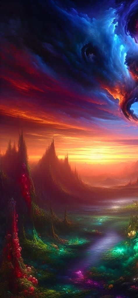 Flower and Sunset Landscape as Digital Art