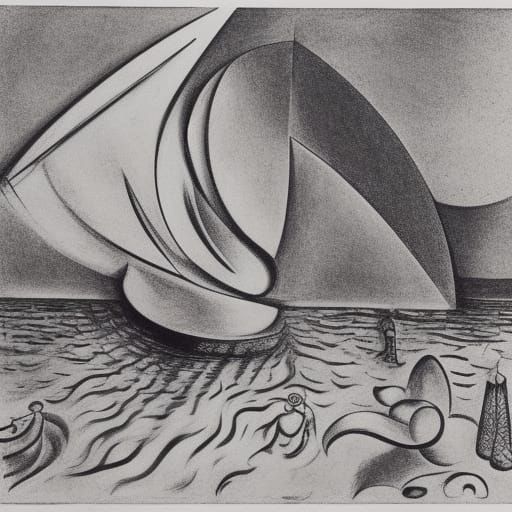 Crystal Ship on Ocean: Barlach and Chagall Style