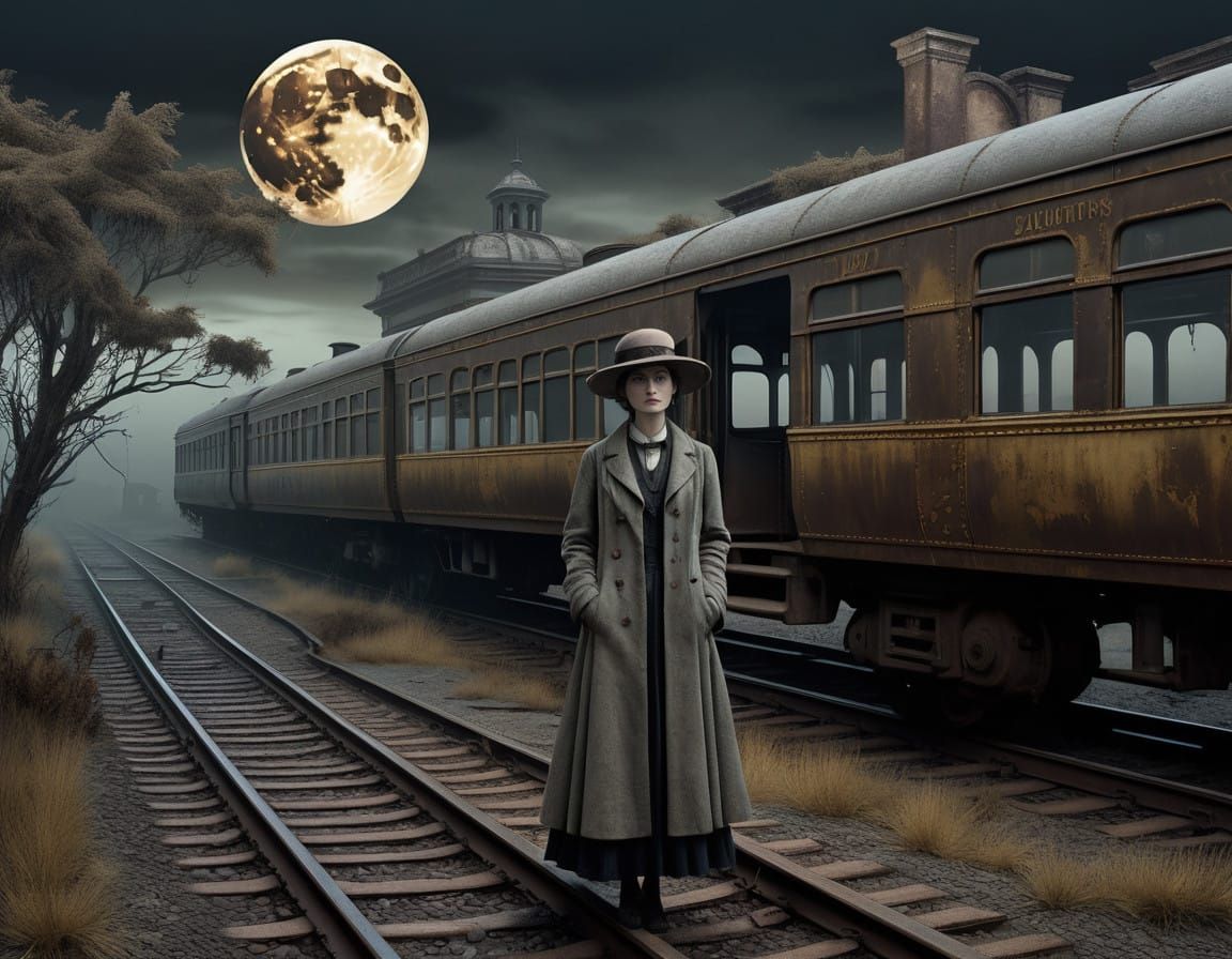 Isolated Victorian-Era Woman in Foggy Abandoned Train Statio...