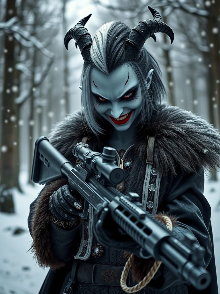 Cruella with Sniper Rifle in Haunting Winter Scene