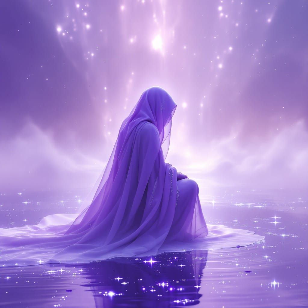 Mystical Oracle on Glass Lake Under Lavender Sky