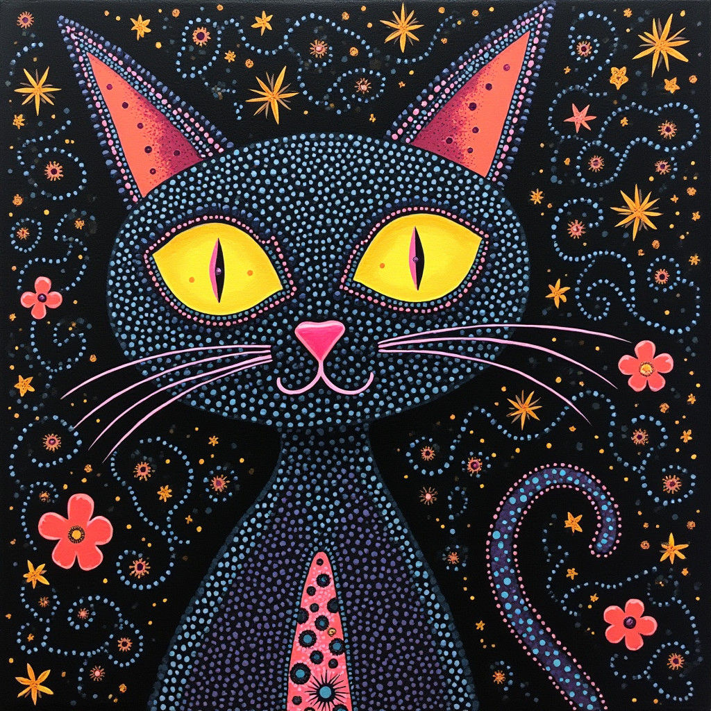 Surreal Pointillist Cat in Bauhaus Gothic Style
