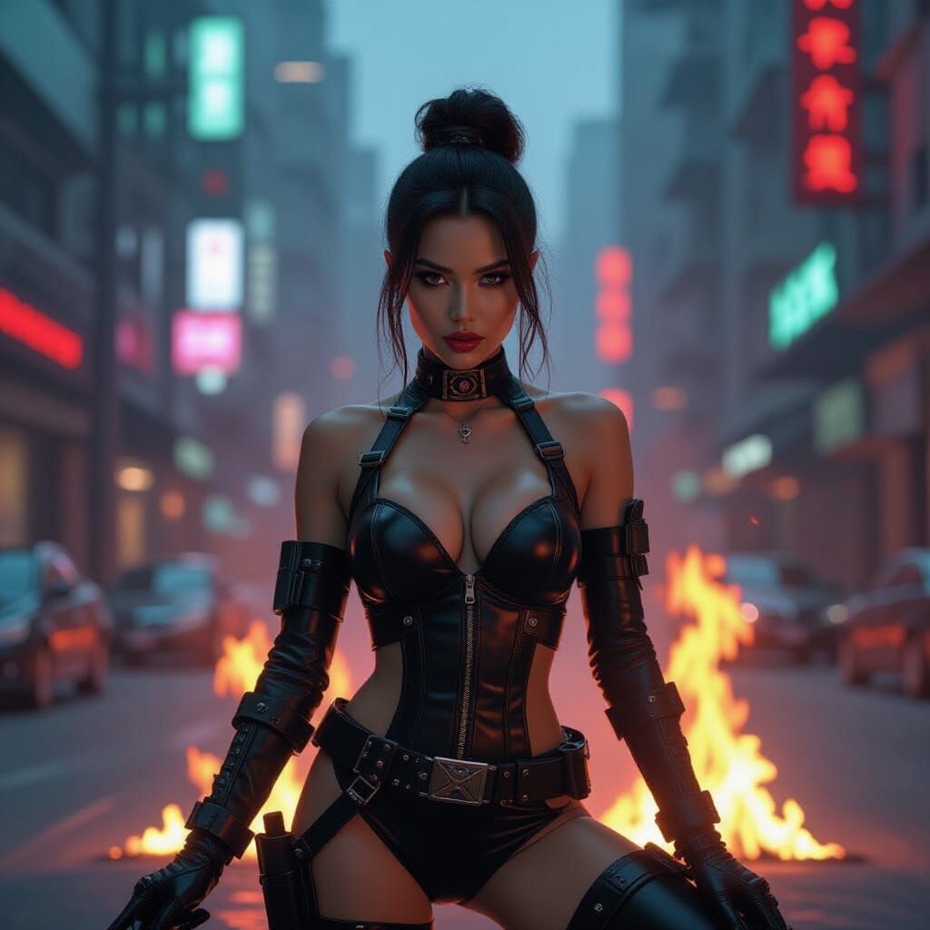 Fiery Cyberpunk Woman in Neon Steampunk Cityscape