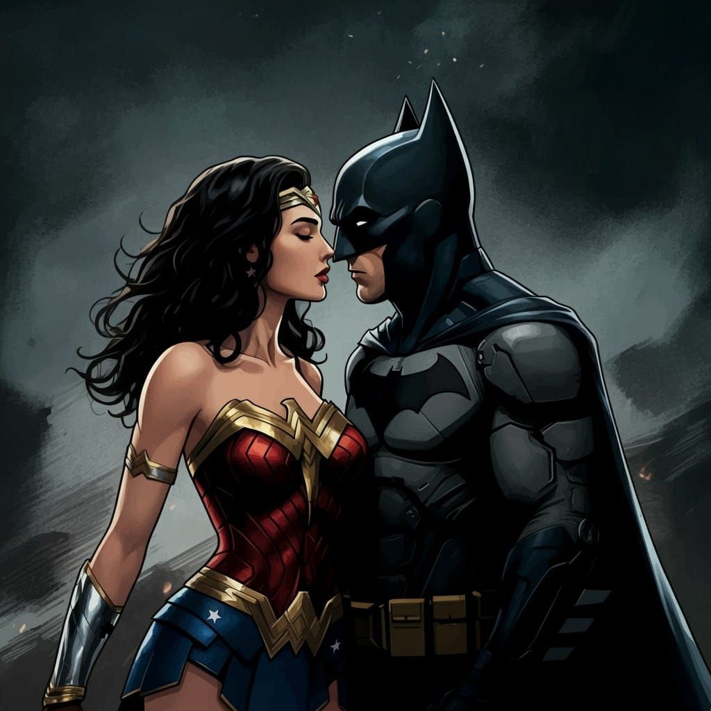 Wonder Woman leaning in to kiss Batman.