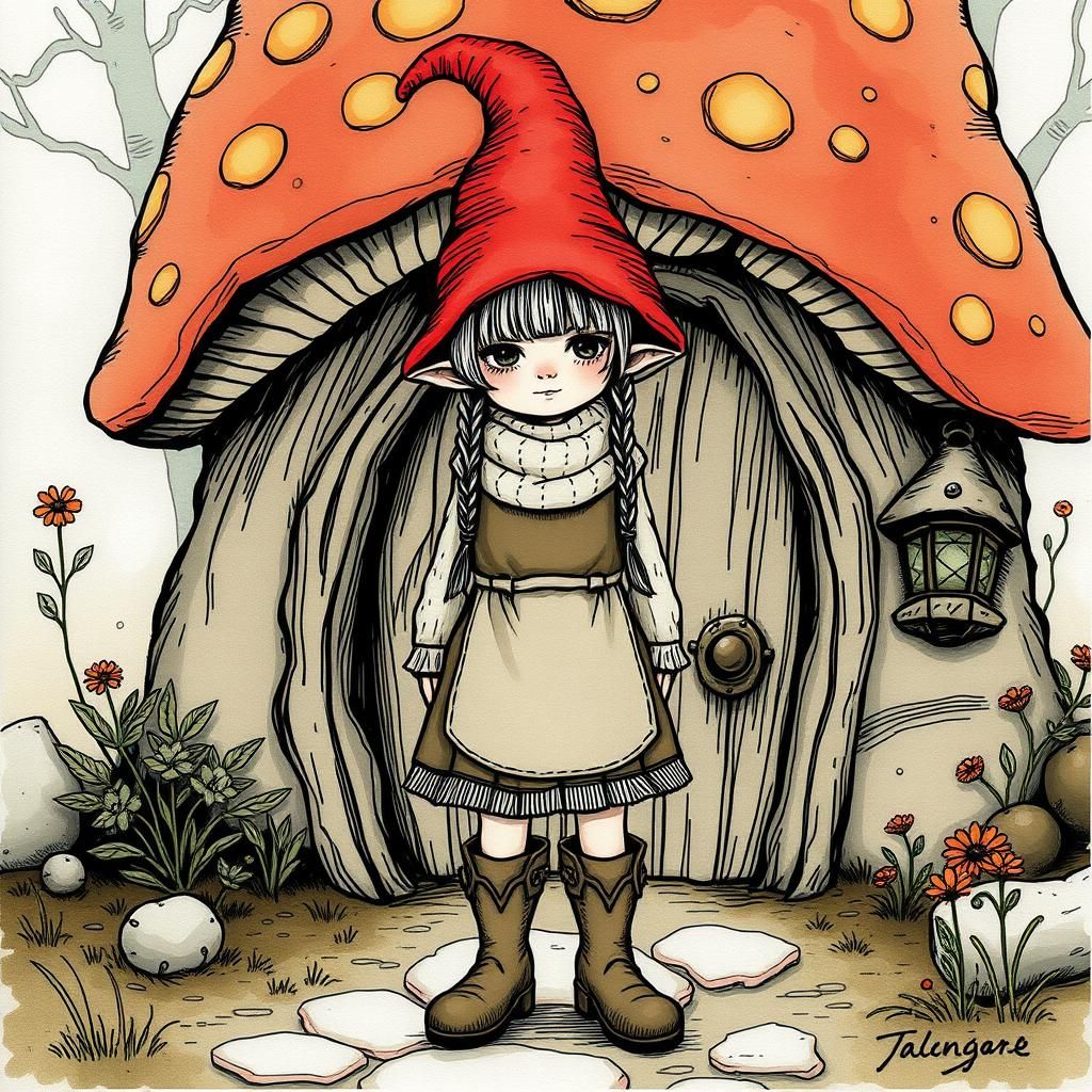 Whimsical Gnome at Mushroom House Entrance