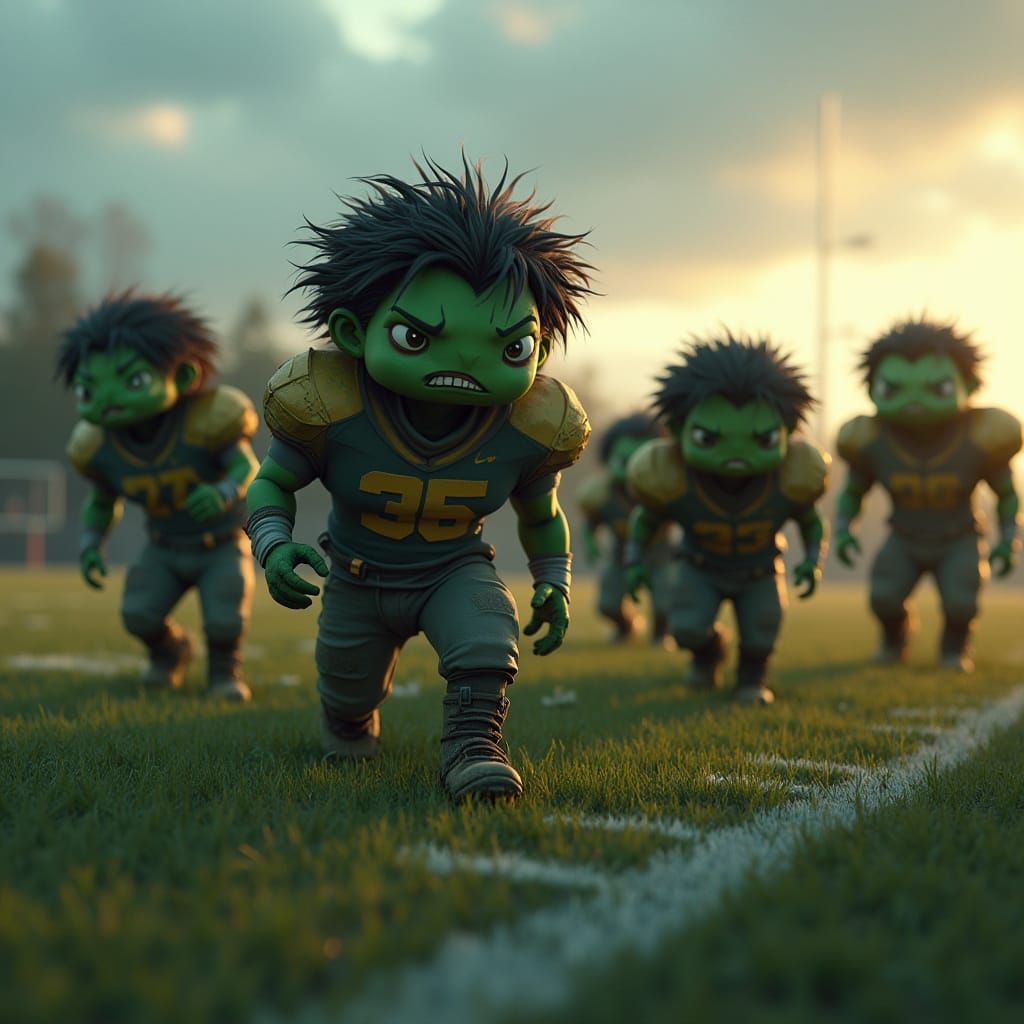 Hyper-Realistic Humanoids Stalk Football Field at Dusk