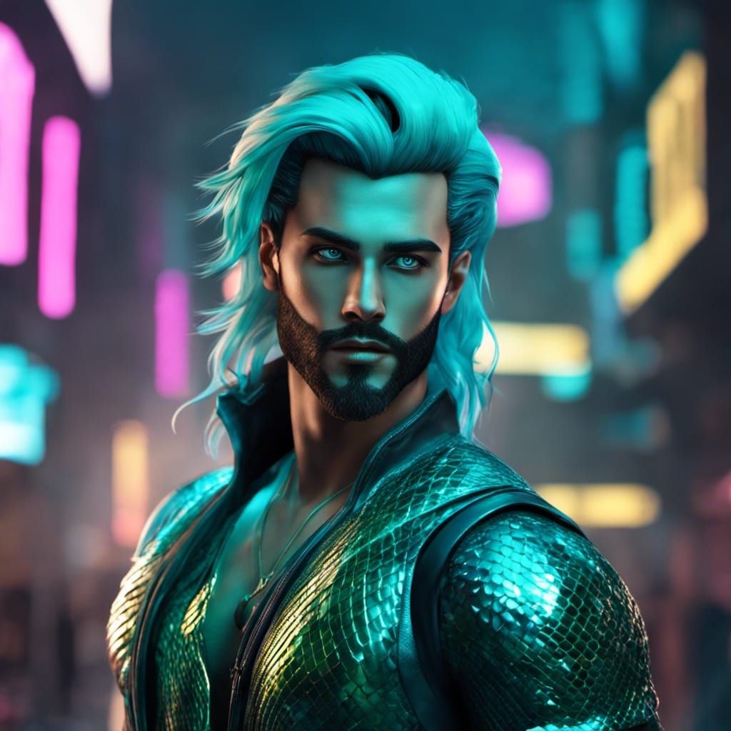 Handsome Merman with Teal Eyes in Dystopian City
