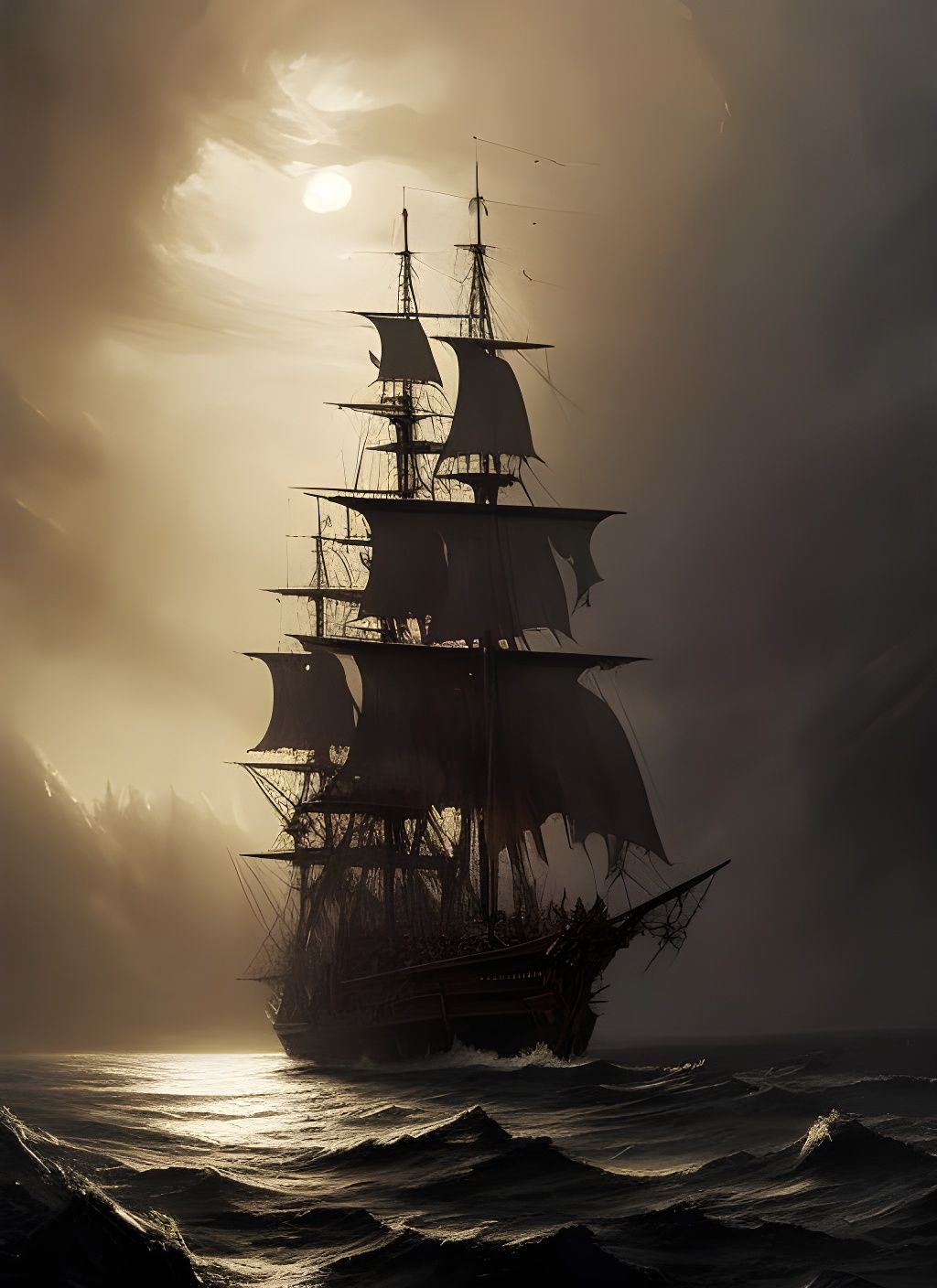 Black Sails Pirate Ship in Gritty Watercolor Style