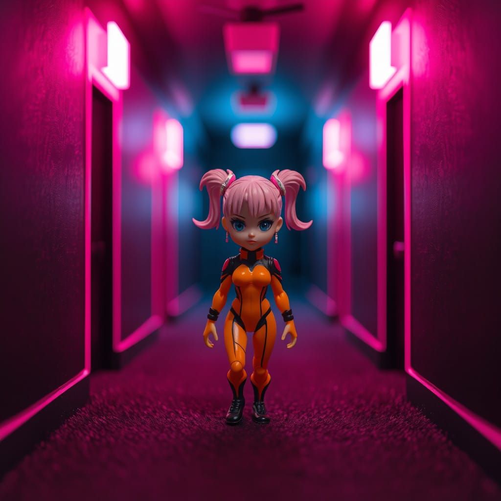Cyberpunk Idol in Futuristic Hotel Hallway