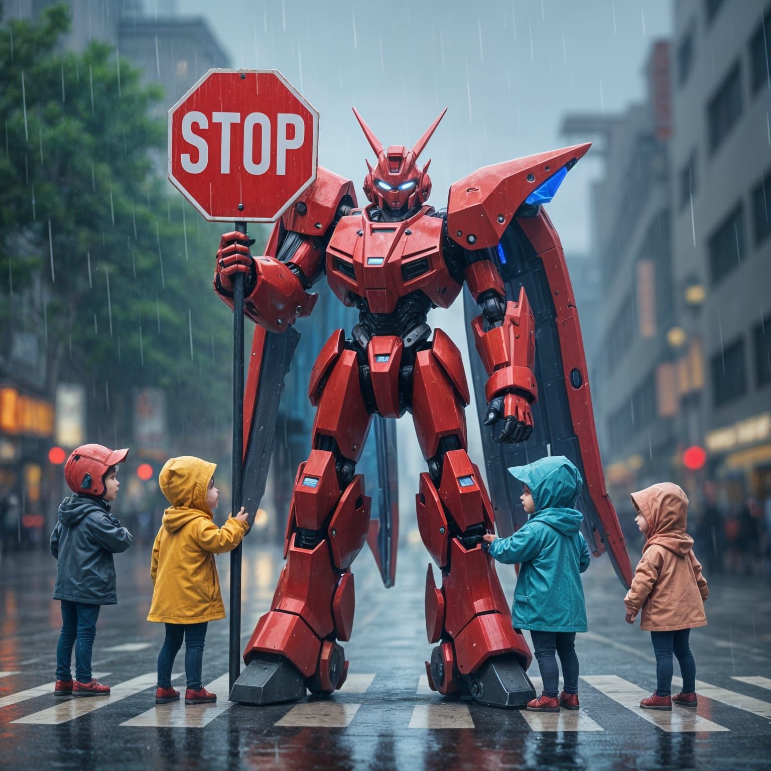 Anime style red mecha stand in-front  of a rainy bokeh holdi...