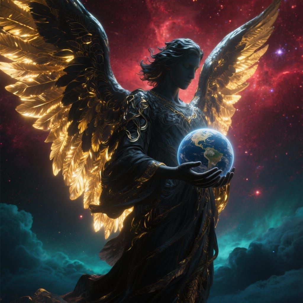Ethereal Angel Holds Planet in Nebula