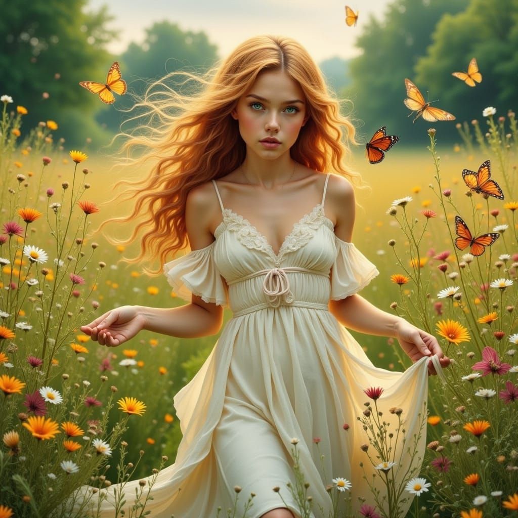 Irish Woman in Sunny Meadow, Pre-Raphaelite Art