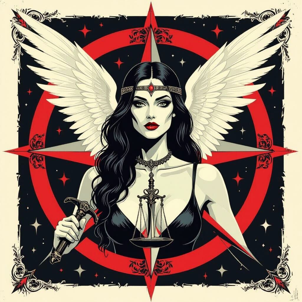 Ghostly Woman as Justice Symbol with Sword and Scales