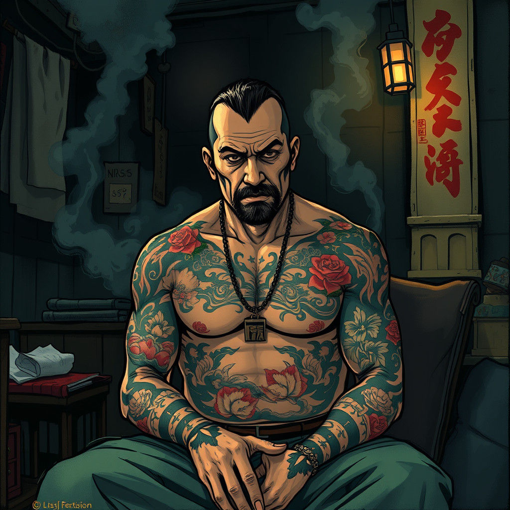 Tattooed Yakuza in Smoke-Filled Room