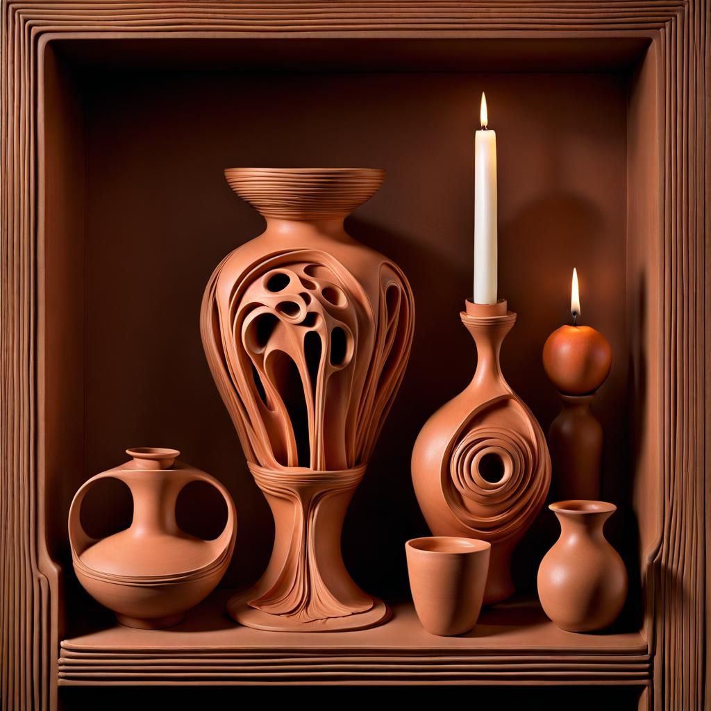 Intricate Clay Pottery with Candle, Hyperrealistic