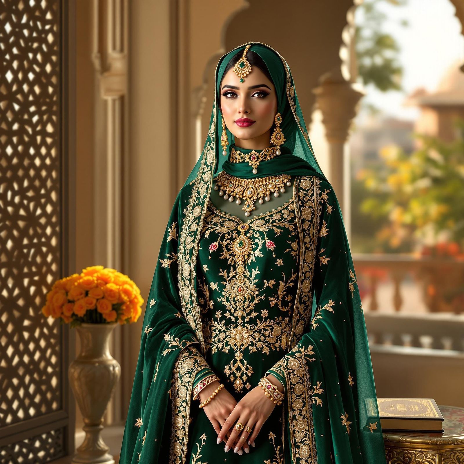 Mughal Woman in Emerald Velvet Anarkali on Palace Balcony