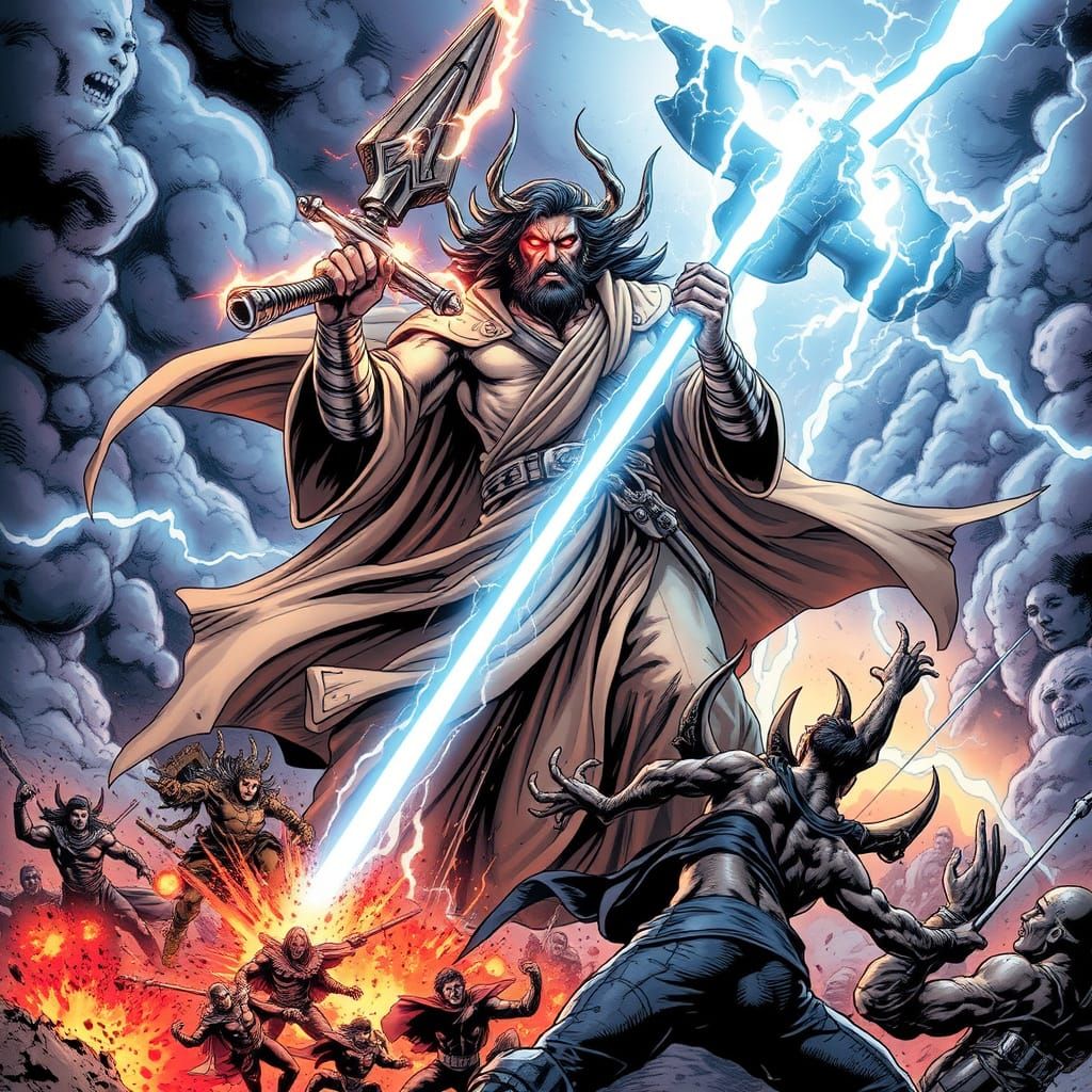 God Battles Humans in Apocalyptic Landscape, Comic Book Styl...