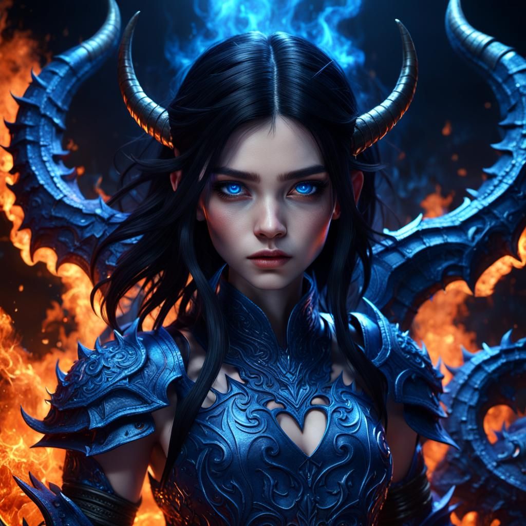 Fiery Electric Blue Demons Surround Anime Girl