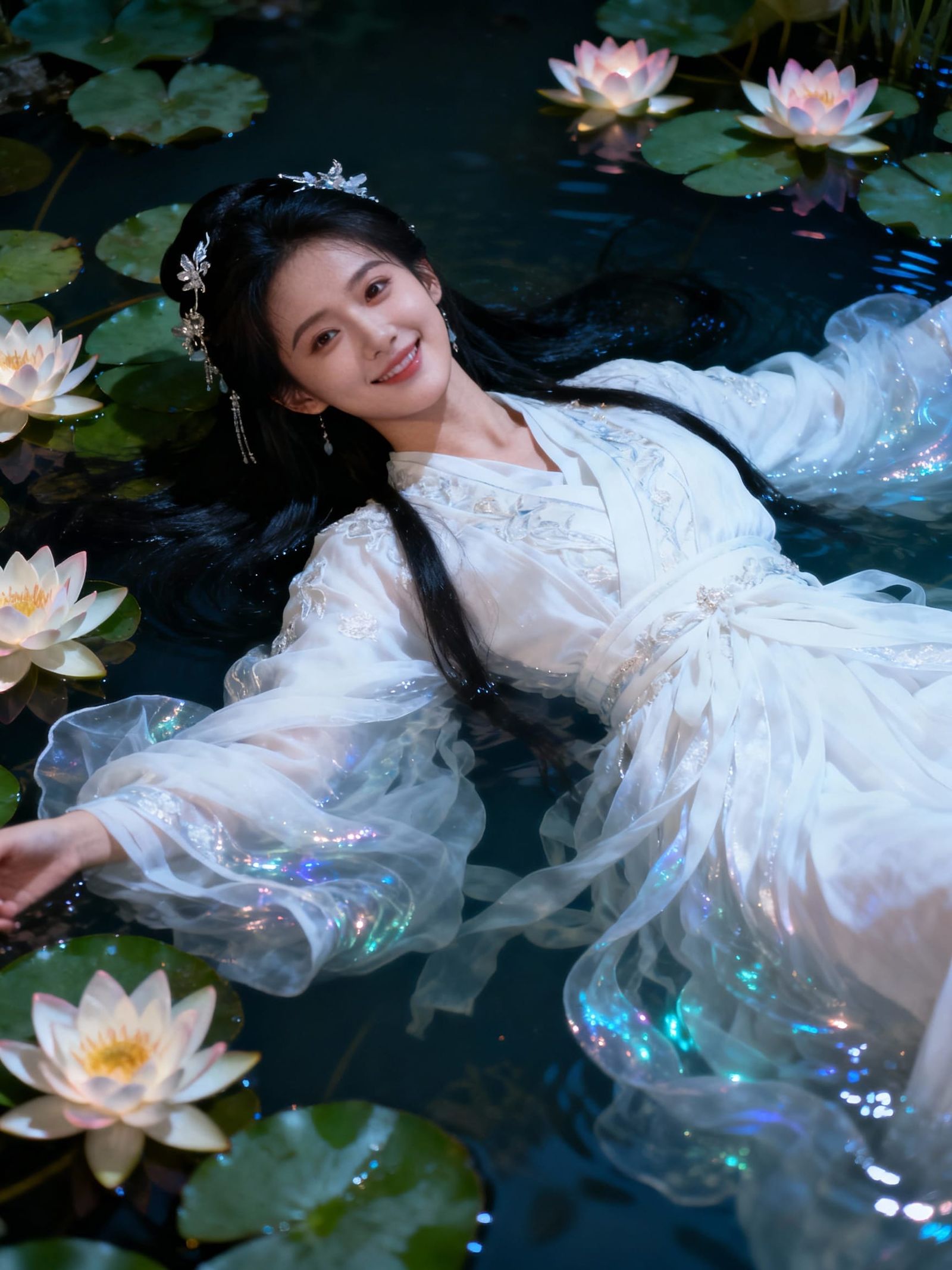 Chinese Model in White Hanfu in Water with Seerosen