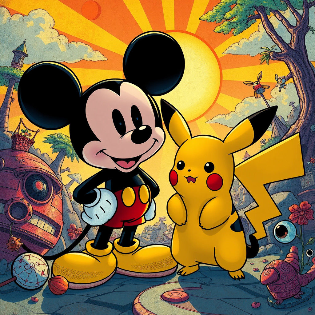 Mickey and Pikachu in a Miyazaki-esque World
