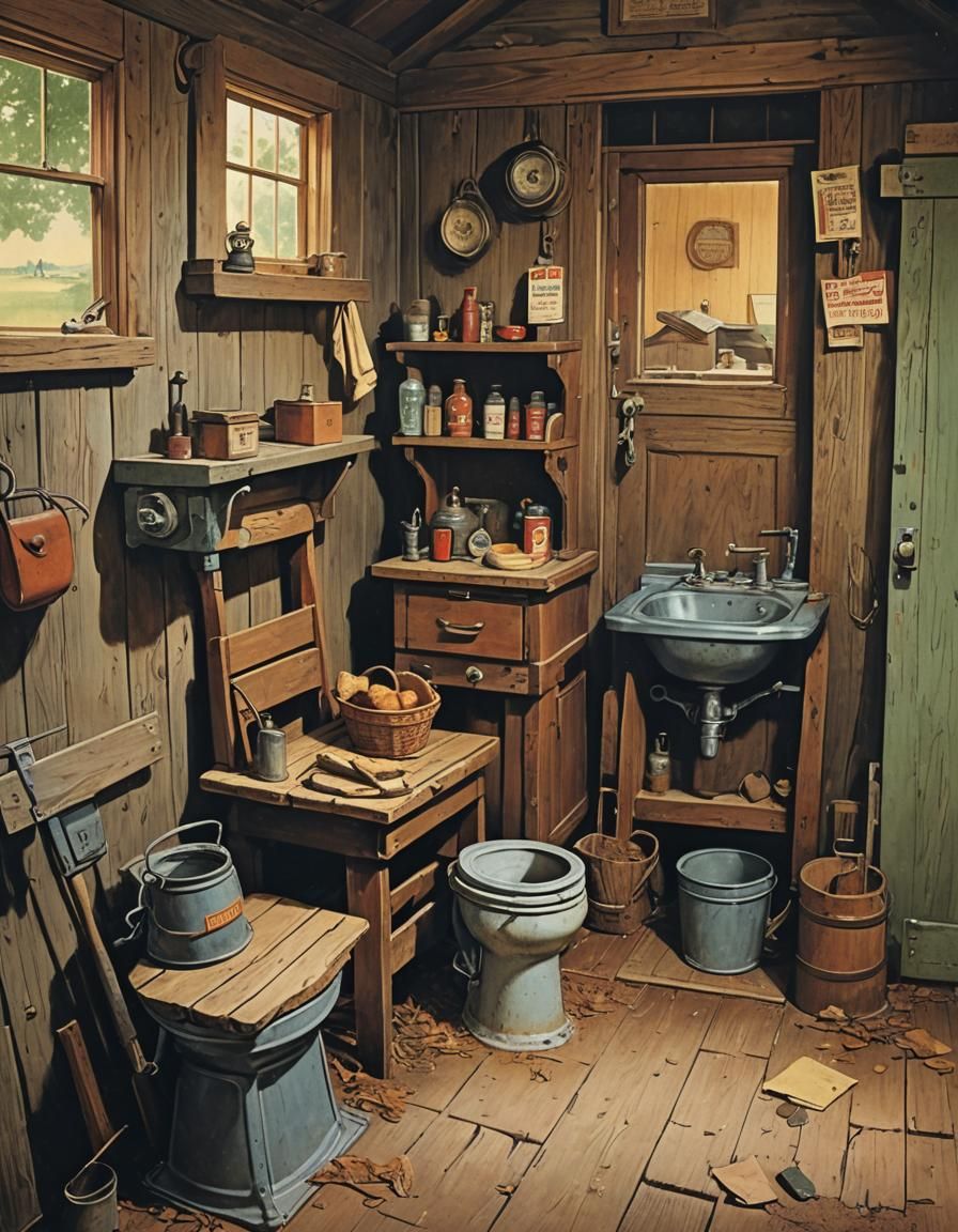 Rustic Outhouse Interior in Rockwell Style