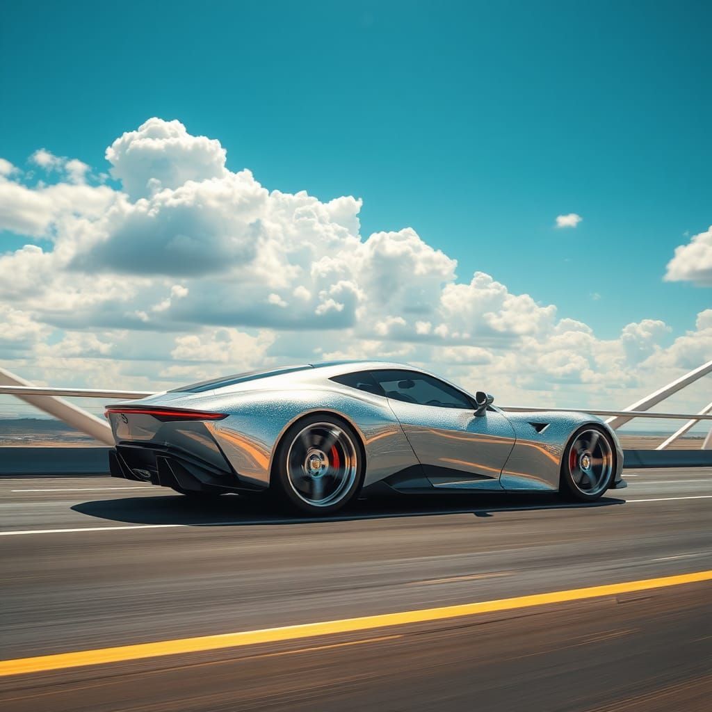 Futuristic Silver Sports Car on Diamond Bridge
