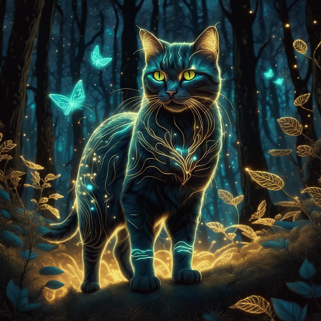 Bioluminescent Cat in Magical Forest at Night