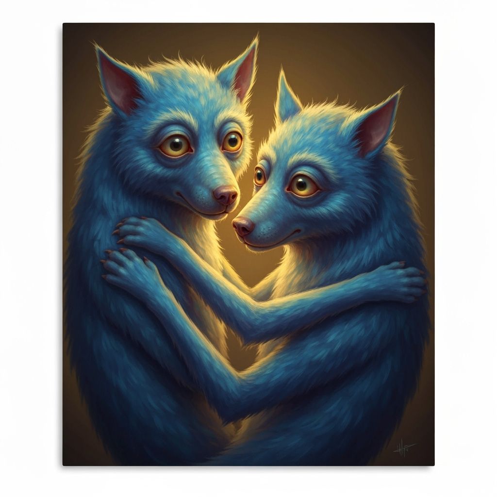 Two Mystical Blue Monster Dogs Cuddled Together