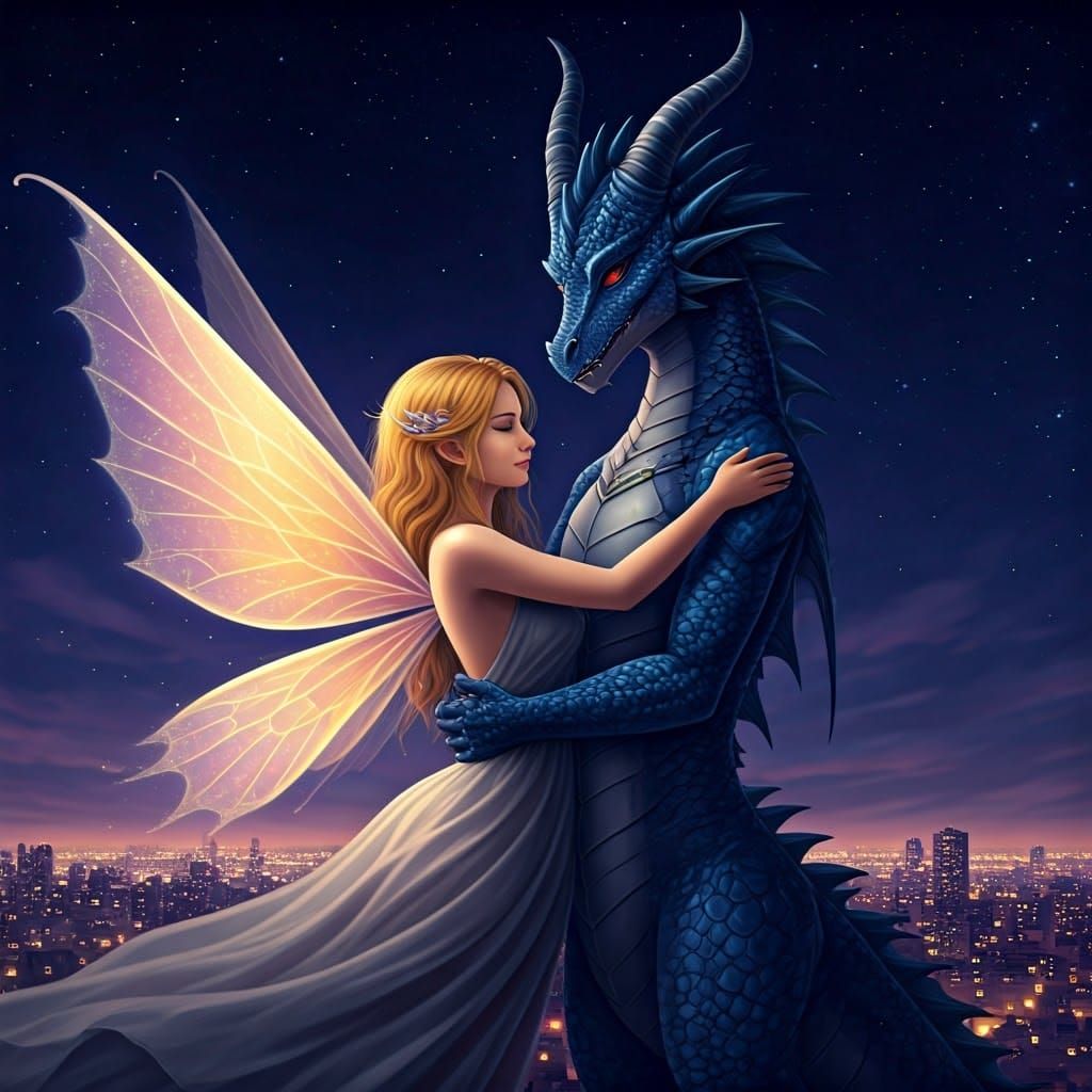 Fairy and Dragon Embrace Under City Lights
