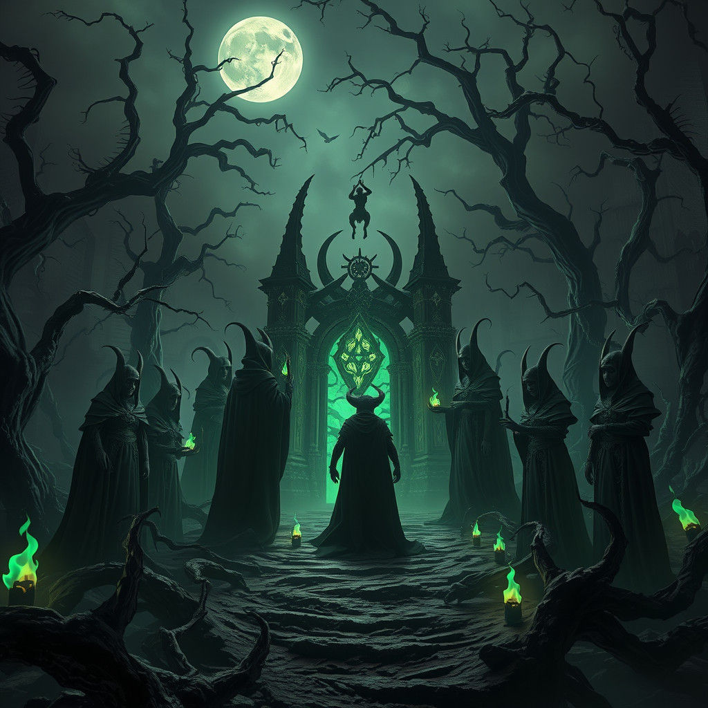 Ethereal Coven Around Glowing Portal in Dark Fantasy Art