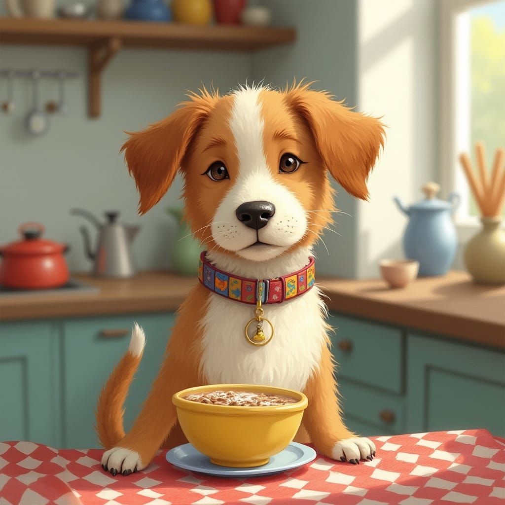 Dog Eating Cocoa in Cozy Kitchen