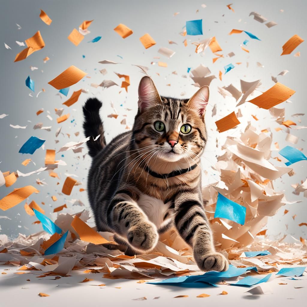 Hyperrealistic Cats Playing with Paper Pieces