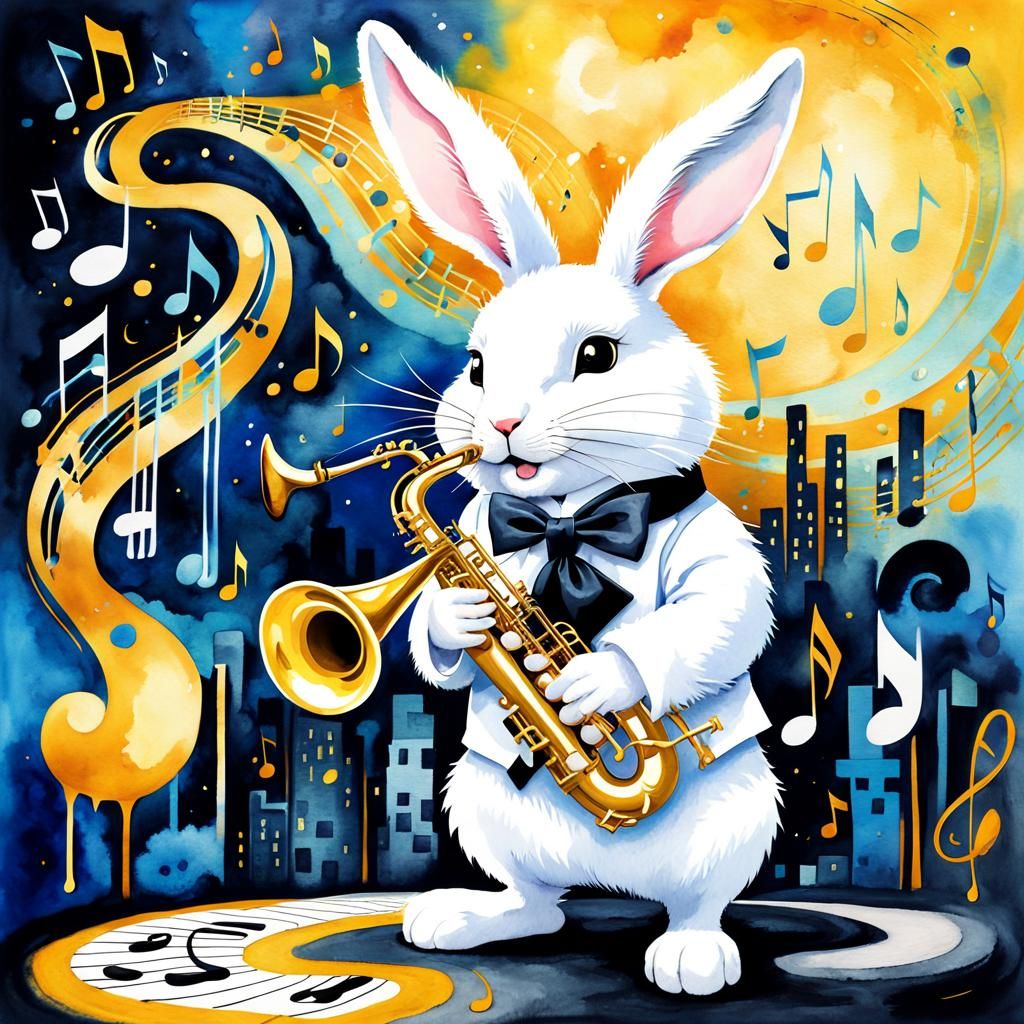 Surreal Rabbit Jazz Scene in Watercolor Style