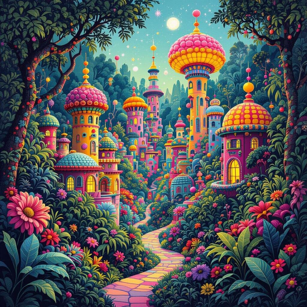 Vibrant Pom-Pom City in Alien Jungle: Maximalist Art