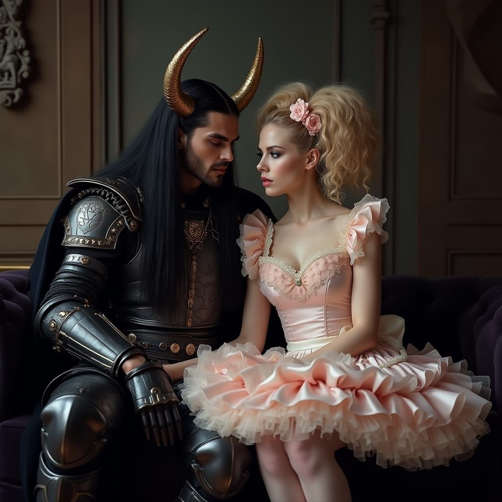Elegant Demon King with Fragile Princess in Dark, Modern Sur...