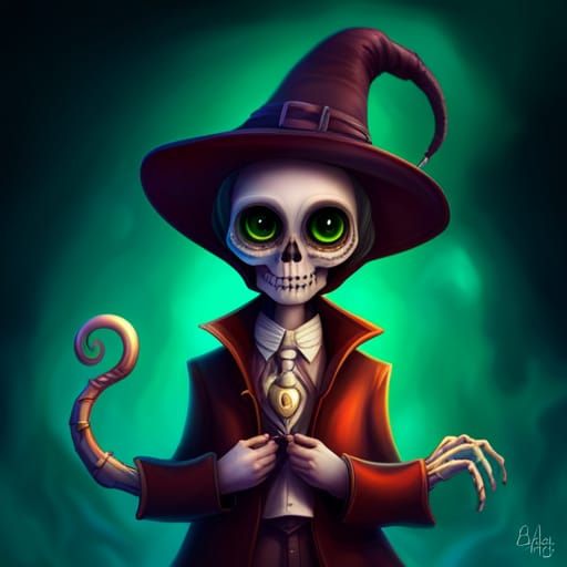 Cute Skeleton Creature in Witch Hat, Digital Art