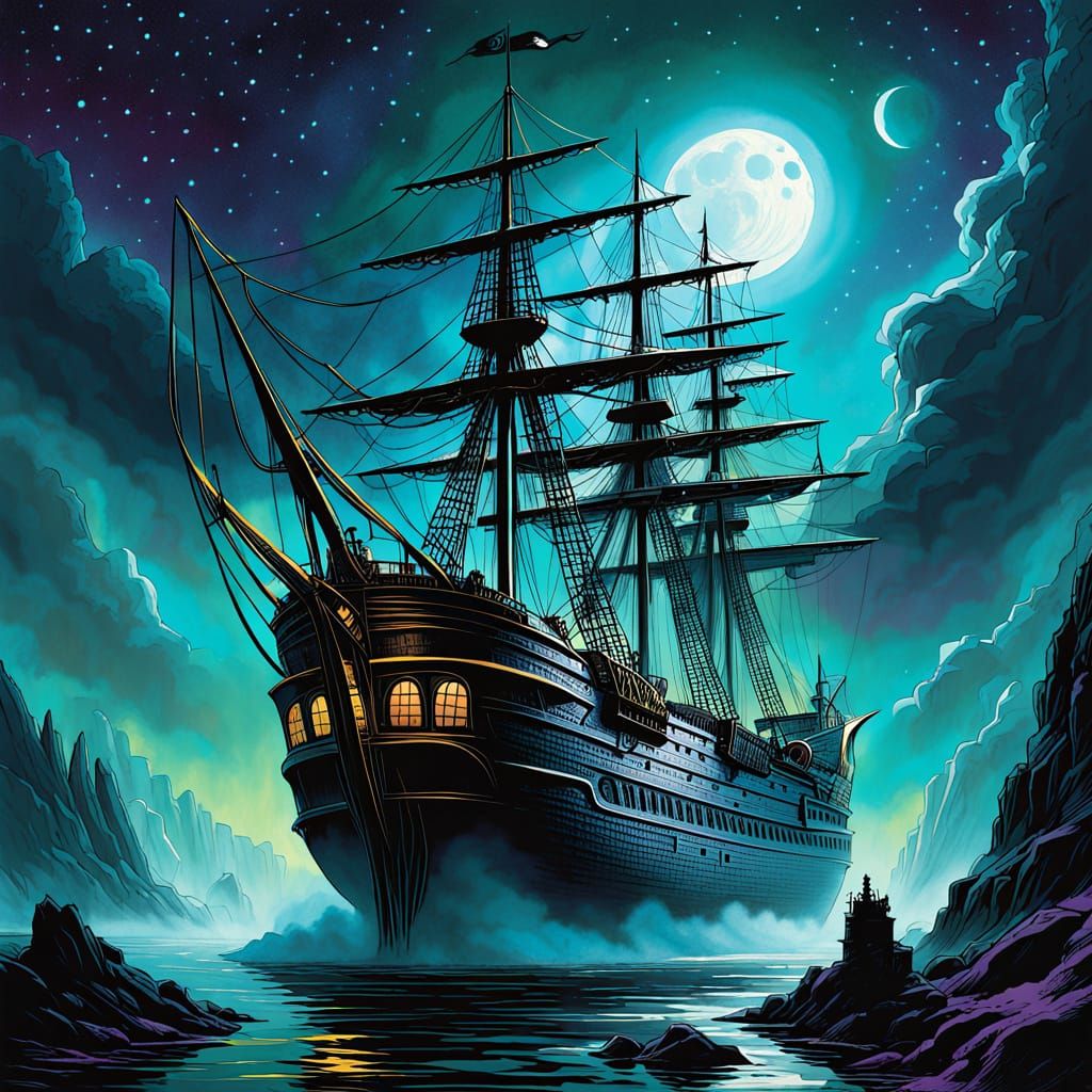 Ethereal Ghost Ship Sails Through Dark, Starry Skies