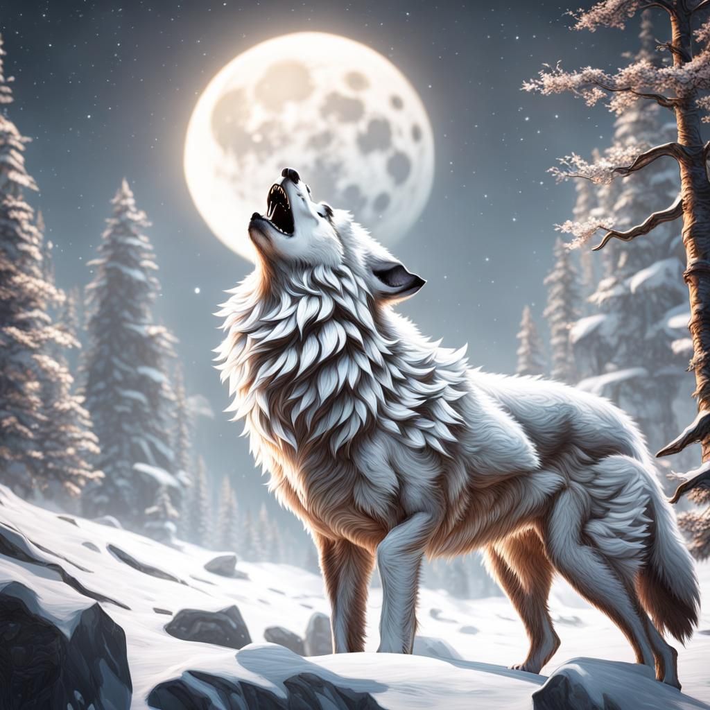 Wolf Howling at Moon in Detailed Fantasy Art