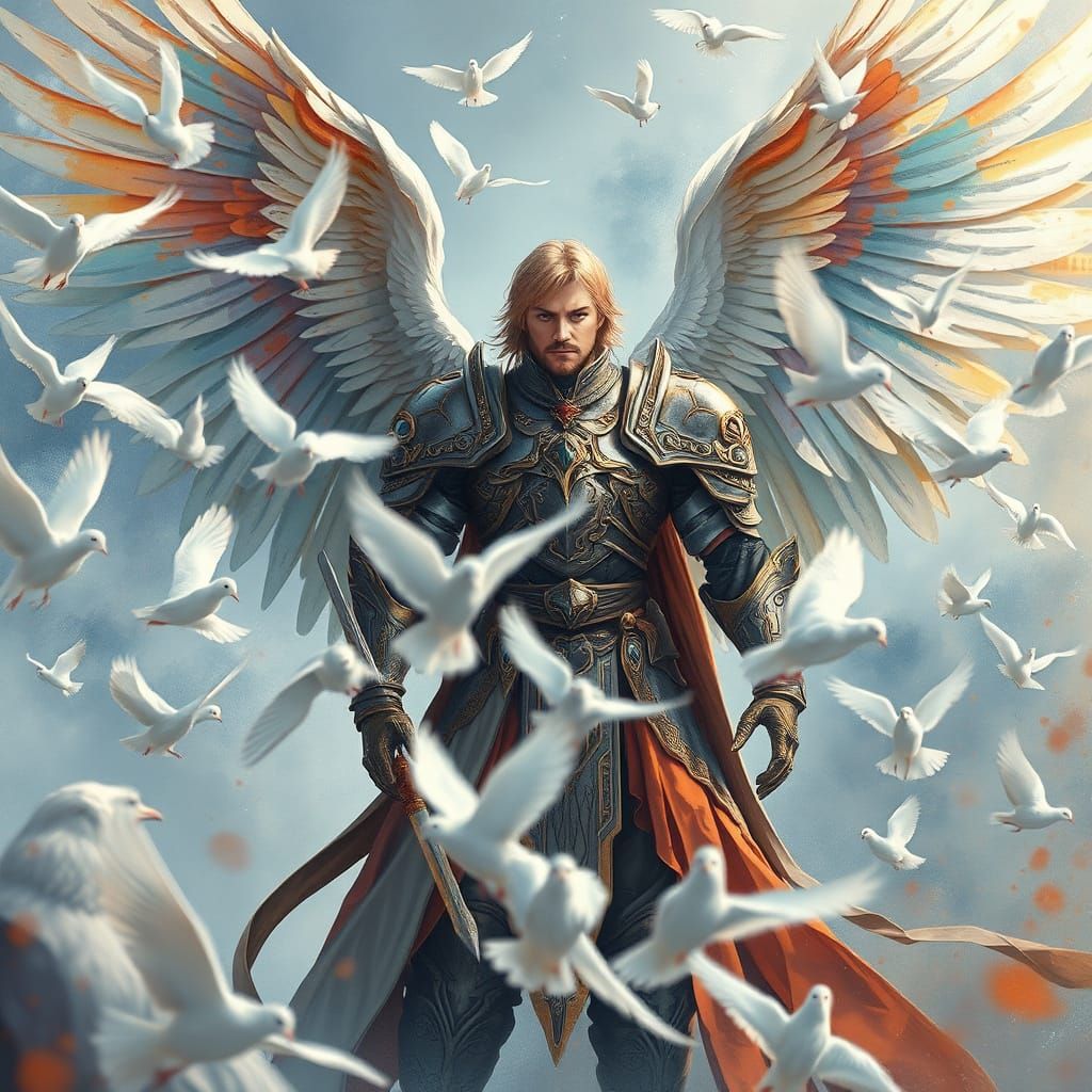 Anime Watercolor Archangel Warrior Surrounded by Majestic Do...