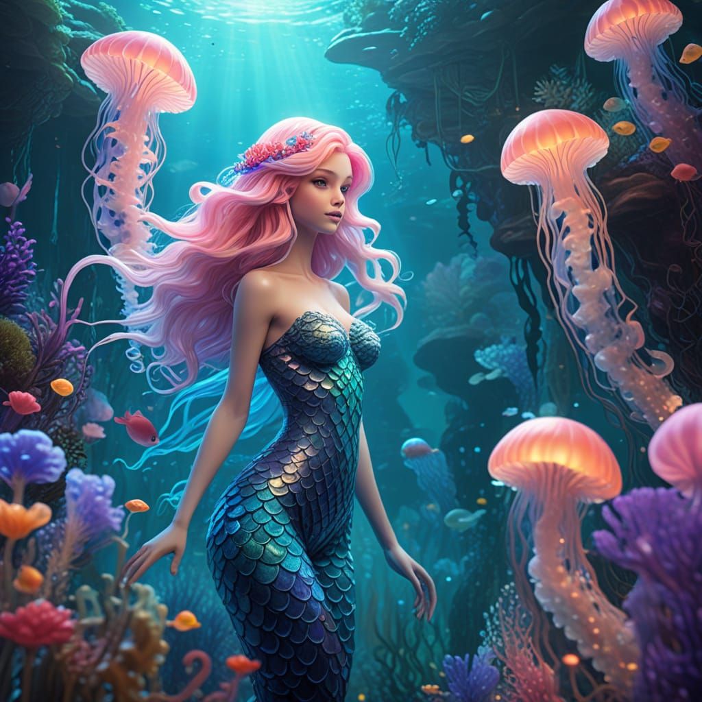 Mermaid in Underwater Garden: Whimsical Fantasy Art