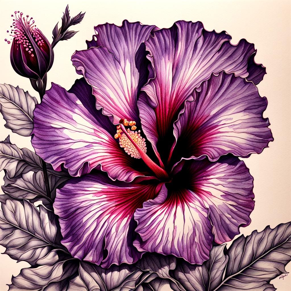 Detailed Botanical Ink Drawing of Hibiscus Bloom