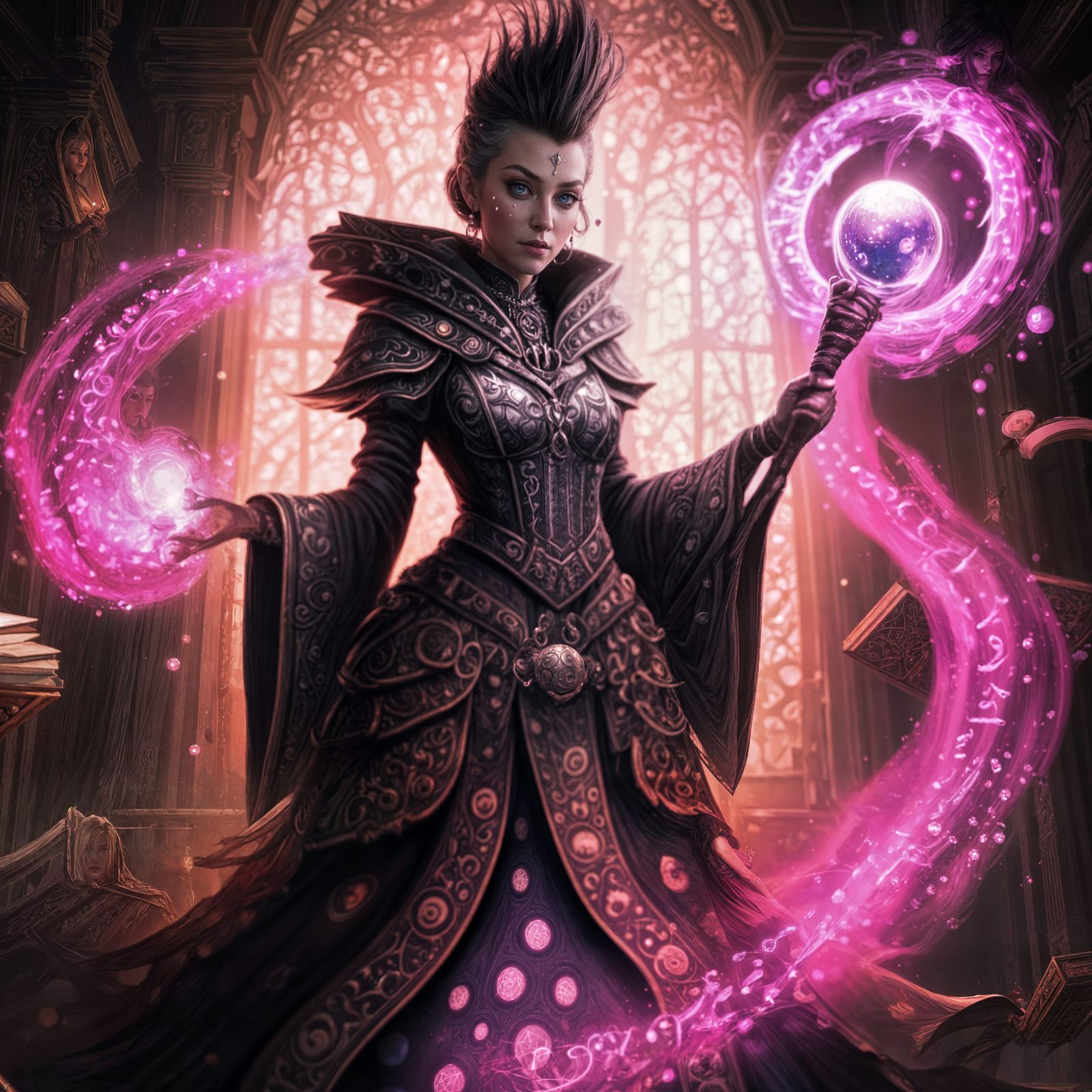 Sorceress in Magical Library, Dark Fantasy Concept Art