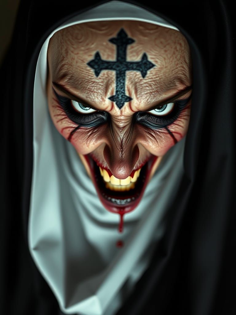 a portrait, a scary nun, blurred and leaking makeup on her e...