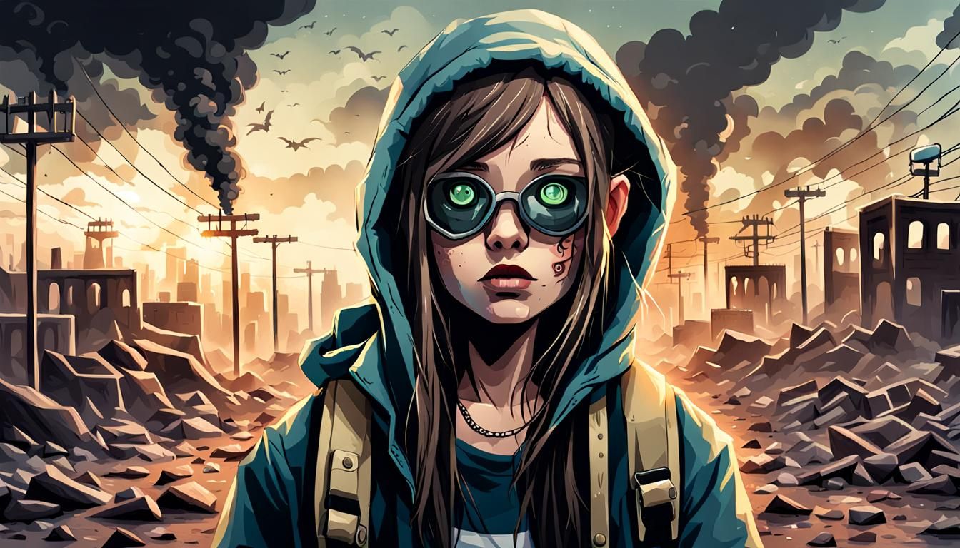 Apocalyptic Teen Girl in Desolate Landscape