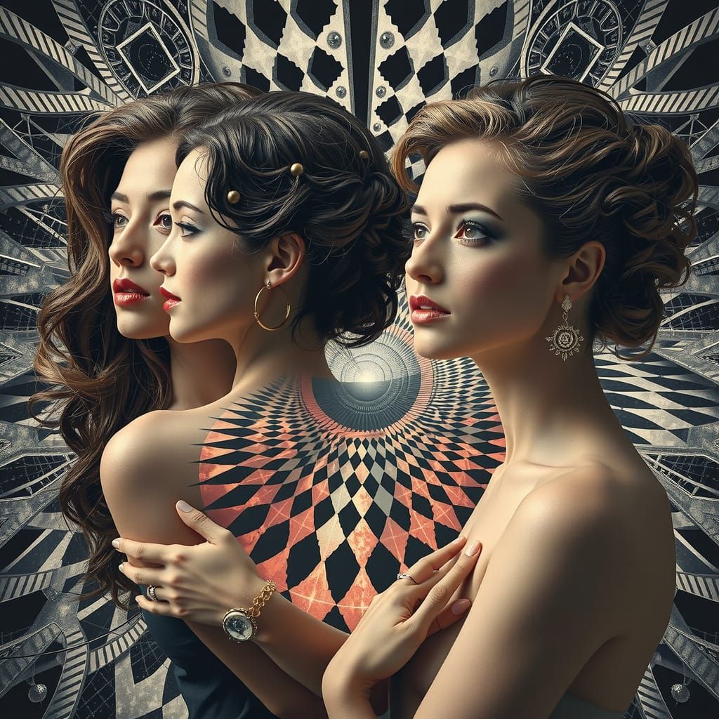 Surreal Optical Illusions with Women in Op Art Style