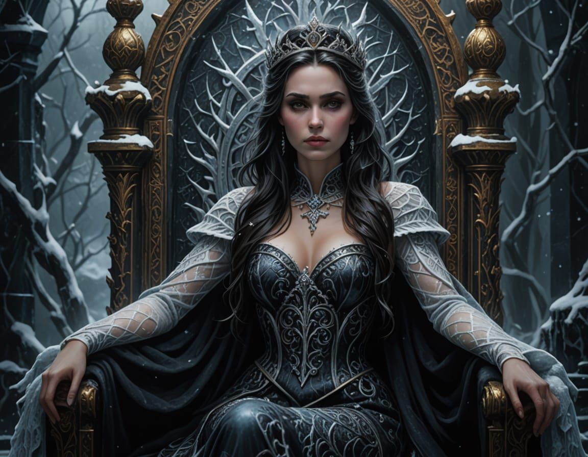Dark Princess on Frozen Throne: Gothic Oil Painting