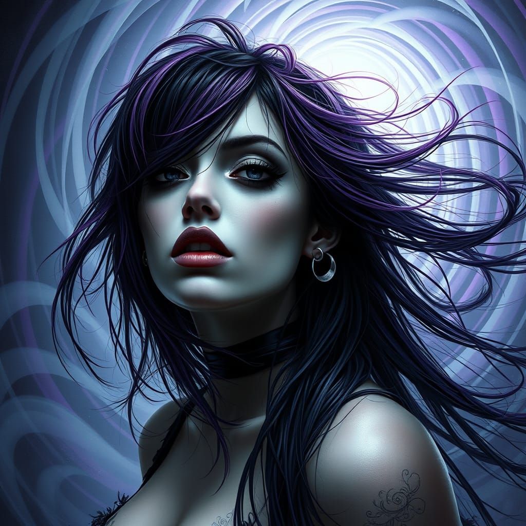 Gothic Woman with Silver Piercings in Surreal Style