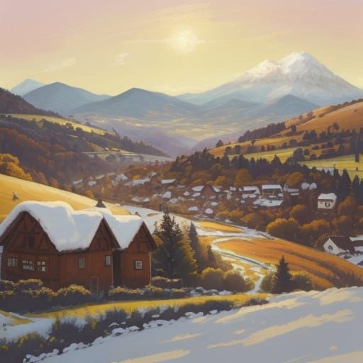 Whimsical Mountain Village Panorama in Gouache Style